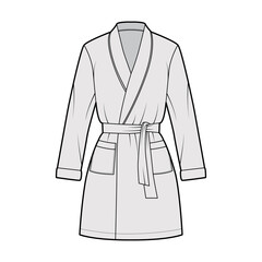 Bathrobe Dressing gown technical fashion illustration with wrap opening, mini length, oversized, tie, pocket, long sleeves. Flat garment front, grey color style. Women, men unisex CAD mockup