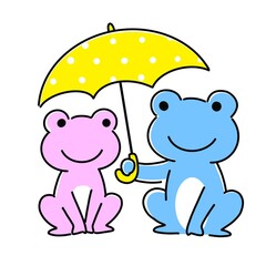 傘をさす2匹のカエル　相合傘