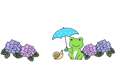 傘をさすカエルとカタツムリと紫陽花