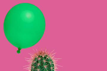 Cactus plant on a neon pink background with above it floating a green balloon as a concept for...