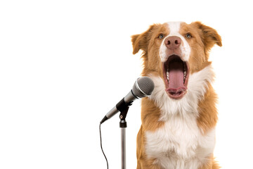 Portrait of a border collie dog singing in front a microphone