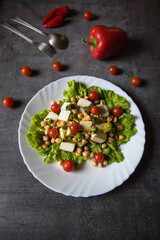 Close up of salad with vegetables and chicken in a plate on a background.