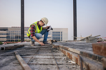 Asian man engineer contractor in construction site work during inspection for estimate price for...