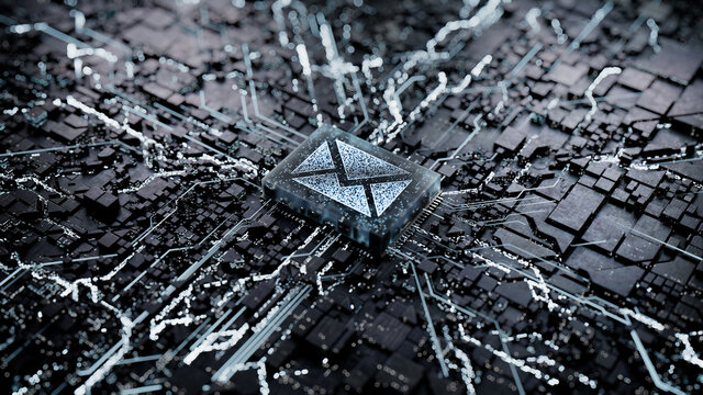 Email Technology Concept with Envelope symbol on a Microchip. Data flows from the CPU across a Futuristic Motherboard. 3D render.