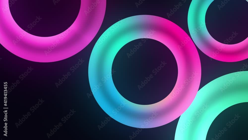 Poster endless loop of circle shaped neon lights in pink green and blue color. 4k 3d seamless loop animatio