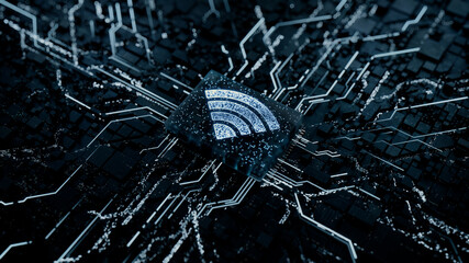 Wireless Technology Concept with wifi symbol on a Microchip. Data flows from the CPU across a Futuristic Motherboard. 3D render.