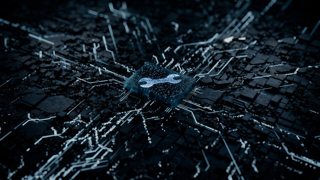Configure Technology Concept with tool symbol on a Microchip. Data flows from the CPU across a Futuristic Motherboard. 3D render.