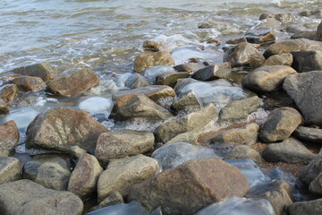 kornerot transparent jellyfish washed up on the shore among the rocks in the Sea of Azov