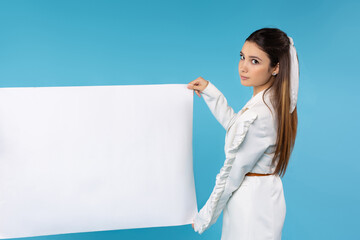 Smart business caucasian woman hold blank white paper for ads. Advertisement blank space for your advising, information, text.