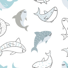 Vector hand-drawn colored childish seamless repeating simple doodle pattern with sharks in scandinavian style on a white background. Cute baby animals. Pattern for kids with sharks. Sea. Underwater.