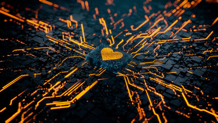 Love Technology Concept with heart symbol on a Microchip. Data flows from the CPU across a Futuristic Motherboard. 3D render.