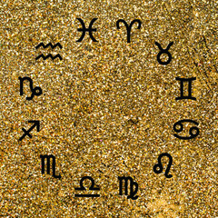 Vector. Graphic astrology set on the gold background. A simple black geometric representation of the zodiac sign for horoscope