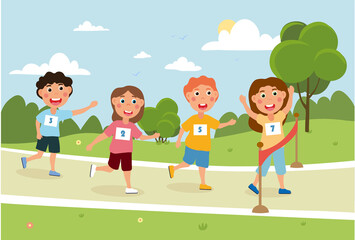 Obraz na płótnie Canvas Little children are running outside in the park. Little happy girl celebrating her first win in running. Kids are participating in run together. Flat cartoon vector illustration