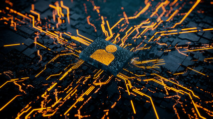 Social Technology Concept with user symbol on a Microchip. Data flows from the CPU across a Futuristic Motherboard. 3D render.