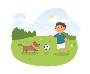 Happy cute little kid playing with his dog. Cheerful kid playing ball with cute dog outdoors in the field on a hot summer day. Concept of outdoor activities with pets. Flat cartoon vector illustration