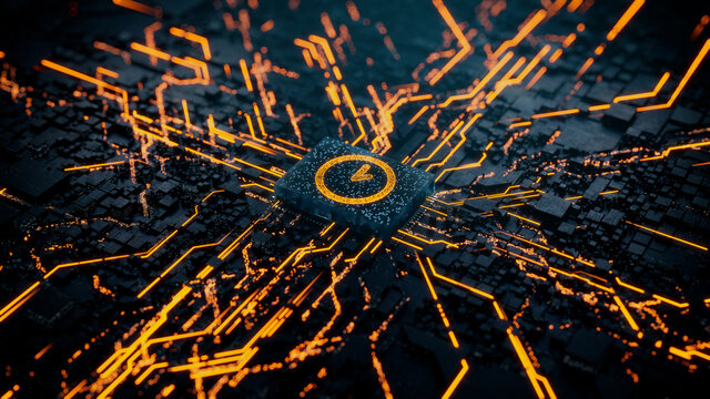 Time Technology Concept with clock symbol on a Microchip. Data flows from the CPU across a Futuristic Motherboard. 3D render.
