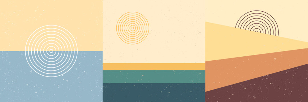 Vector illustration. Abstract backdrop set. Contemporary backgrounds. Mid century wall decor. Design elements for social media, blog post, web template, card. 60s, 70s graphic. Grunge texture