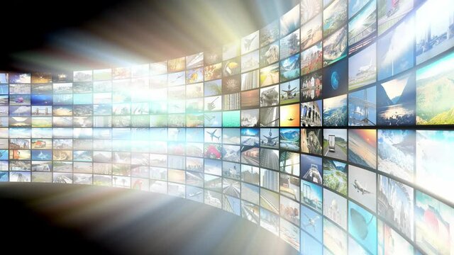 Wall of screens, many images, rays of light - great for topics like broadcasting tv channels or movies over the Internet, communication, entertainment etc - loopable digital animation - 4K animation