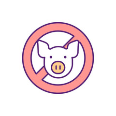 No pig RGB color icon. Food restriction, avoid pork meat. Prevent animal cruelty. Vegan meal. Protection from swine flu. Danger of H1N1. Safety from inluenza. Isolated vector illustration