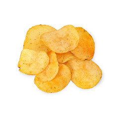 Top view of heap of crunchy potato chips isolated on white bsckground.