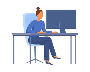 Fototapeta premium Cartoon style. The woman looks closely at the monitor. Office worker. 