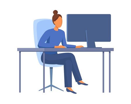 Cartoon style. The woman looks closely at the monitor. Office worker. 