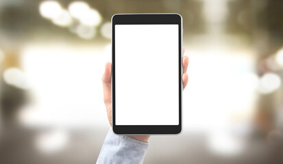 Hands holding tablet touch computer gadget