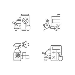Urban travelling issues linear icons set. Regularly disinfected transport. Wheelchair van available. Customizable thin line contour symbols. Isolated vector outline illustrations. Editable stroke