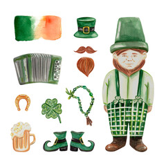 Watercolor set of St. Patrick's day man, irish flag, horseshoe, lepreshaun hat, shoes, shamrock, beard and moustache, cup of beer, accordion. For stationery, prints, greeting cards, invitation, poster