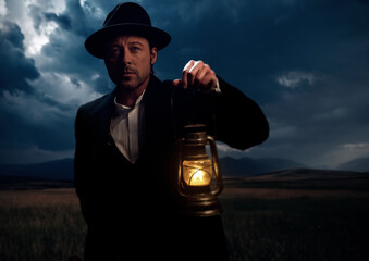 Man in victorian cowboy clothing with lantern standing on prairie area.
