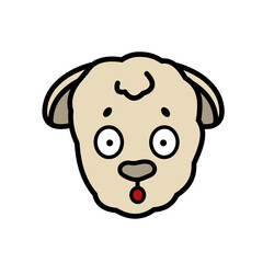 Fototapeta premium Vector farm isolated muzzle sheep animal head with emotion. Surprised, frightened, discouraged, ears lowered with fear. Cute cartoon funny little lamb baby face on white background.