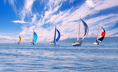 Five sailing yachts sail under a beautiful sky with cirrus clouds, the reflection of the sun in the...