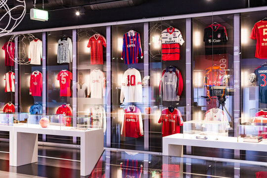 MUNICH, GERMANY - NOVEMBER 25, 2018 : The Museum of Achievements of the football club Munich Bavaria located on the territory of the Allianz Arena.
