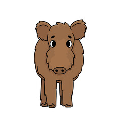 Brown Vector outline cute cartoon boar. Fluffy Animal stands, Front view. Doodle isolated illustration on white background.