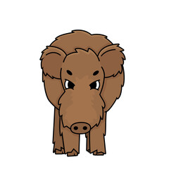 Brown aggressive angry Vector brown outline cartoon boar wild male pig. Doodle isolated illustration on white background.