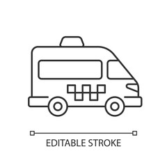 Shuttle buses linear icon. Convenient means of transportation around the city. Travel by company. Thin line customizable illustration. Contour symbol. Vector isolated outline drawing. Editable stroke