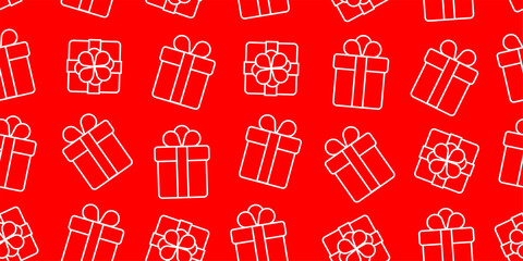 Seamless pattern of white simple line gift boxes on red backdrop