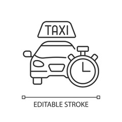 Immediate availability linear icon. The ability to quickly order a taxi. Car icon with clock face. Thin line customizable illustration. Contour symbol. Vector isolated outline drawing. Editable stroke