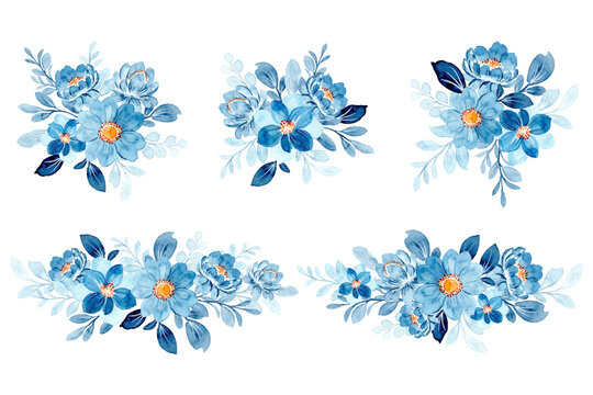 Collection of blue floral arrangement with watercolor