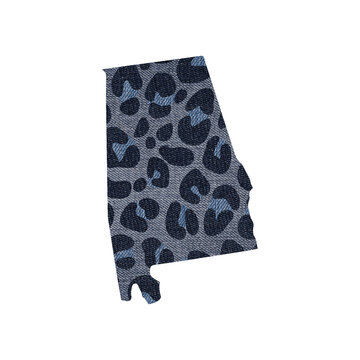 Political divisions of the US. Modern patriotic clip art. Classic denim patchwork element with leopard skin print. State Alabama