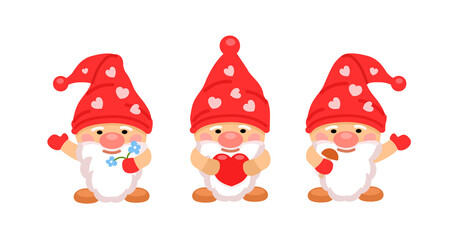 Three little gnomes holding a flower, a fungus and a heart. Flat vector illustration.