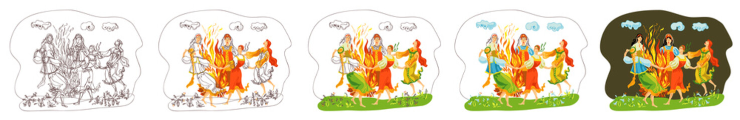 Ivan Kupala Day - Summer solstice is a traditional Russian folk holiday. The girls dance in a circle around the fire. Create an illustration from a graphic image to a color one.