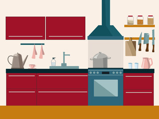 Modern cozy kitchen interior, flat style, vector graphic design template