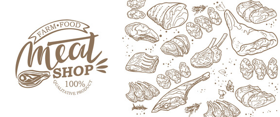 A set of raw meat. Beef, pork, lamb. Vector illustration in the style of a sketch. A booklet, banner, or flyer of a butcher shop or store.