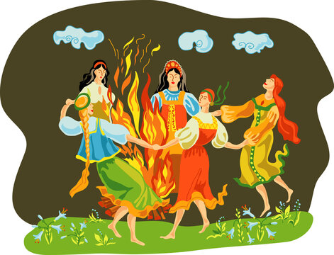 Summer solstice is a traditional Russian folk holiday. Girls dance around the fire.