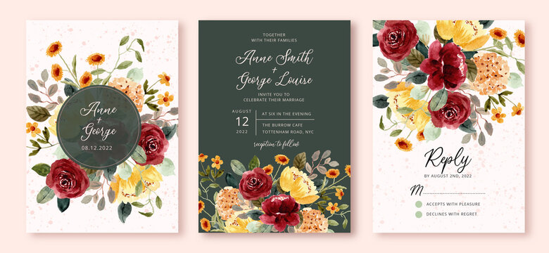wedding invitation set with beautiful flower garden watercolor