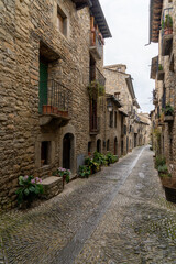 Fototapeta na wymiar narrow cobblestone street with massive brown stone houses