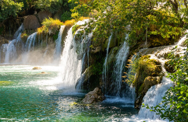 Fototapeta na wymiar Krka National Park, waterfall Skradinski buk, Croatia. Great tourist destination