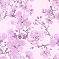  Abstract floral seamless pattern drawn blooming spring branch