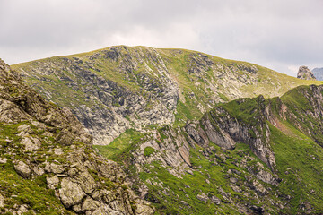View of mountain peaks and rocky trails in summer time, high altitude, Romanian mountains